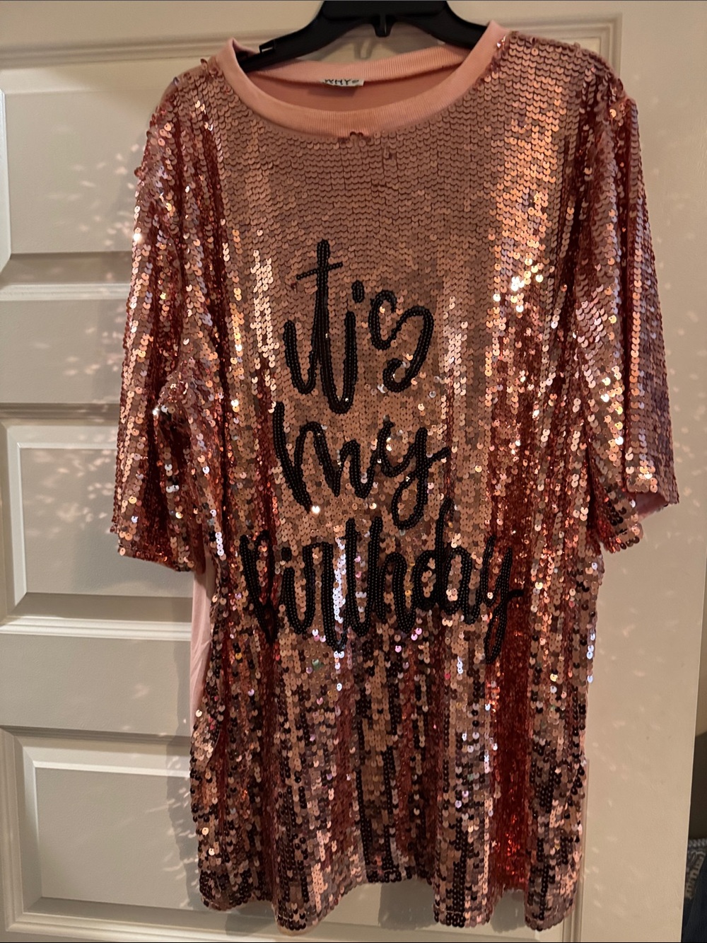 Sequin Mini Dress in Rose Gold with 'It's My Birthday' Script